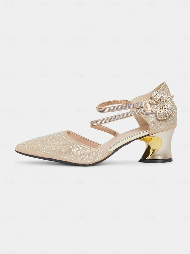 Glitter Ankle Women's Low Rhinestone Strap Heel Pointed Toe