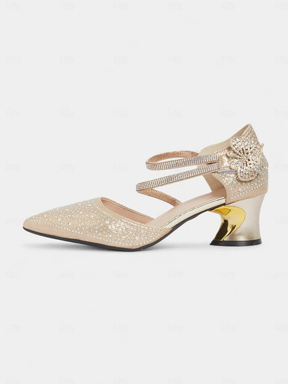 Glitter Ankle Women's Low Rhinestone Strap Heel Pointed Toe