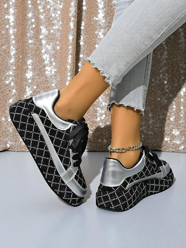 Quilted and Rhinestone Black Sneakers - Women's Silver