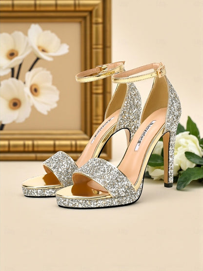 Women's Strap Sandals Ankle Silver High Heel with Glitter