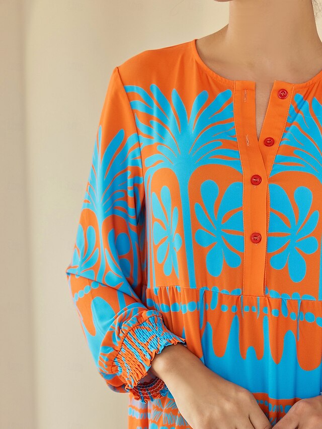 Plants Linear Button Up Crew Neck Ethnic Casual Maxi Dress