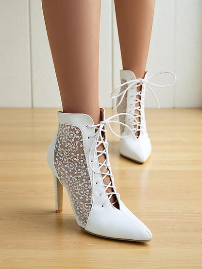 Stiletto Ankle Heels Mesh Women's Booties White Lace with