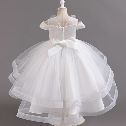 Sleeve Party Color Short Dress Girls' Solid Kids Wedding