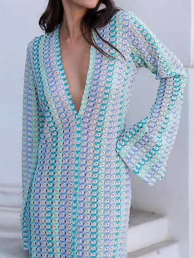 Women's Color Block V Neck Maxi Dress Short Sleeve Spring