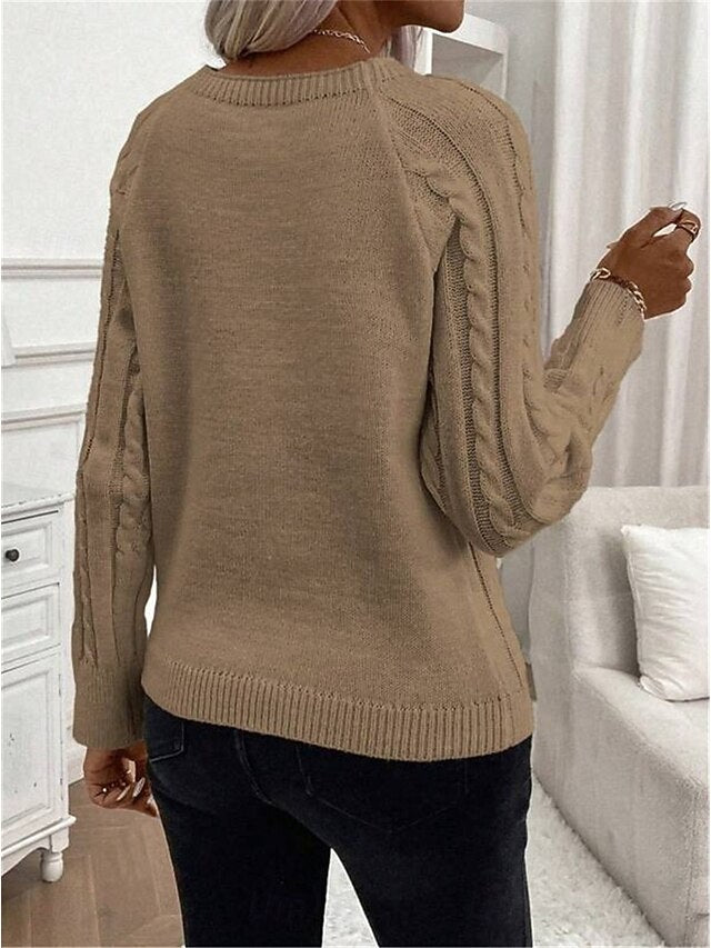 Women's Sweater Casual Soft Pure Color Cable Crew Neck
