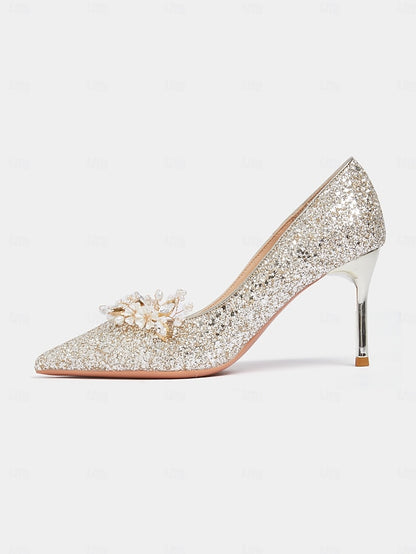 with Women's Glitter Floral Heels Silver Stiletto