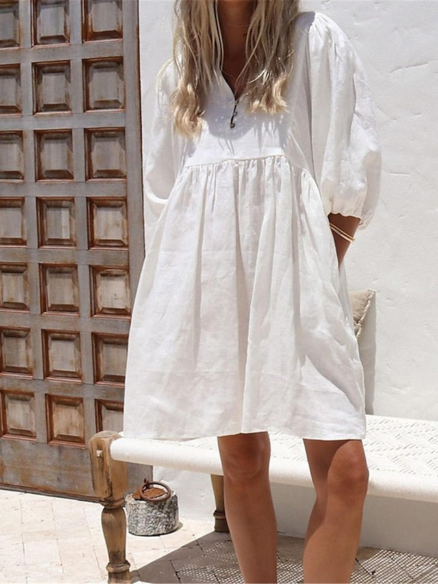 Women's Mini Dress White Dress Cotton Linen Dresses Black