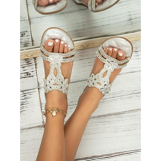 Flat Sandals Silver Women's – T-Strap Rhinestone Boho