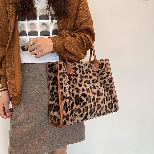 Tote Bag with Leather Faux Leopard Print Brown Women's Fur