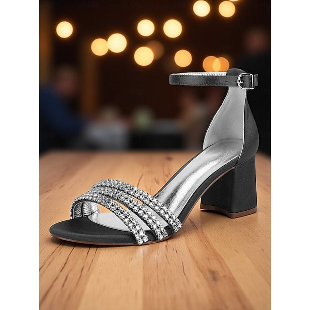 Purple Block with Heel Rhinestone Satin Sandals Women's