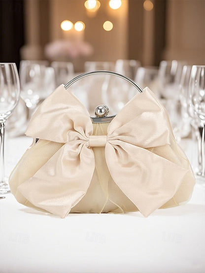 Satin Women's Clutch Evening – Bag Bow Pearl Elegant