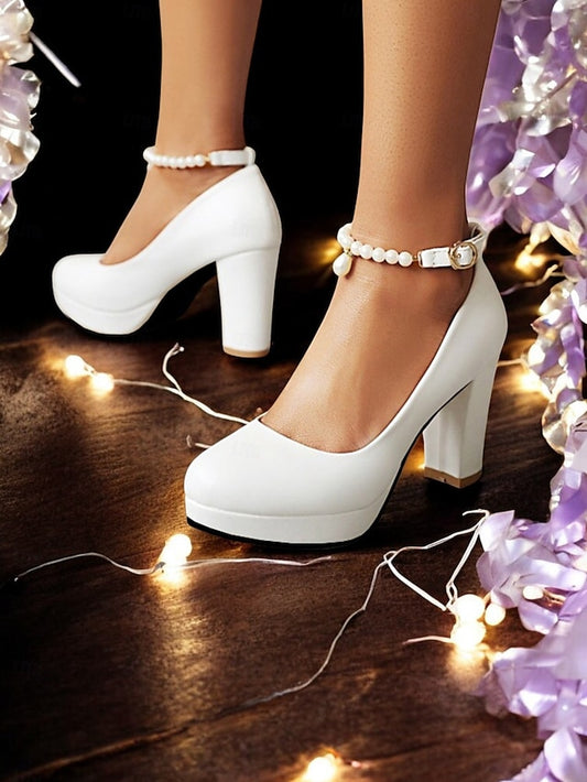 Heel Pumps Ankle with Strap – White High Pearl Women's