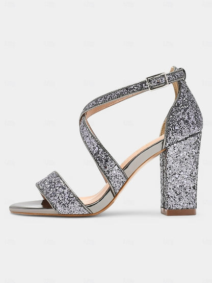 Glitter Gold Sandals Heel Block Women's