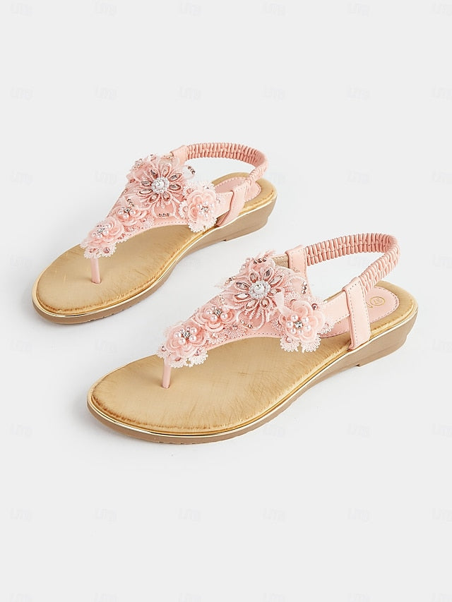 Women's T-Strap Lace Sandals Floral Embellished Pink –