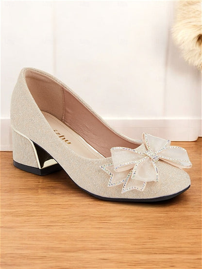 with Heel Pumps Bow - Gold Block Decoration Women's Glitter