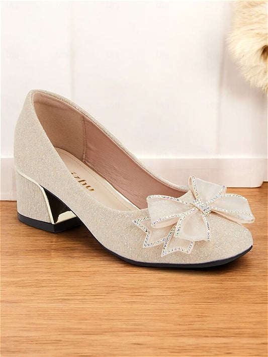 with Heel Pumps Bow - Gold Block Decoration Women's Glitter