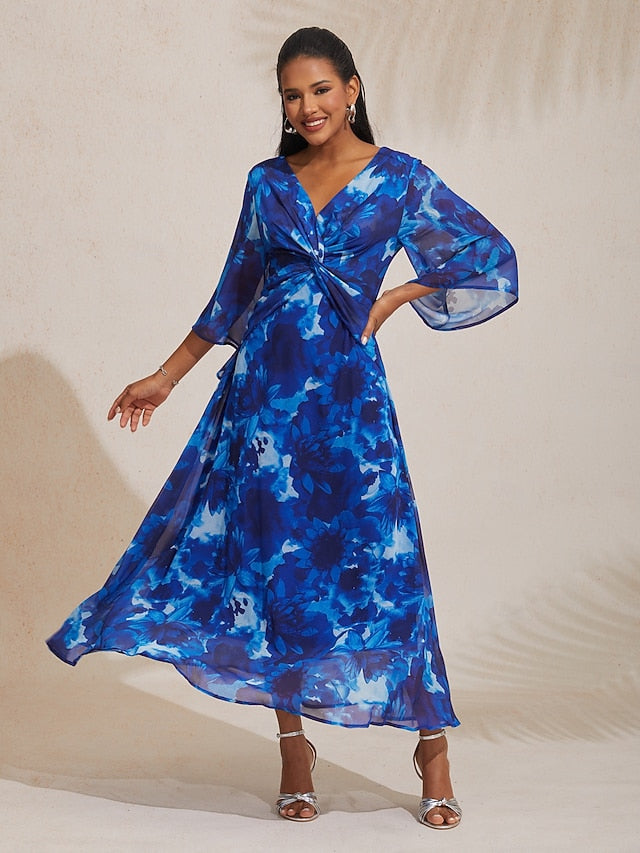 Abstract Floral V Neck Knot Front Flared Sleeve Maxi Dress