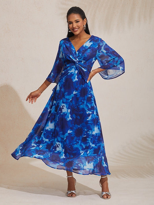 Abstract Floral V Neck Knot Front Flared Sleeve Maxi Dress