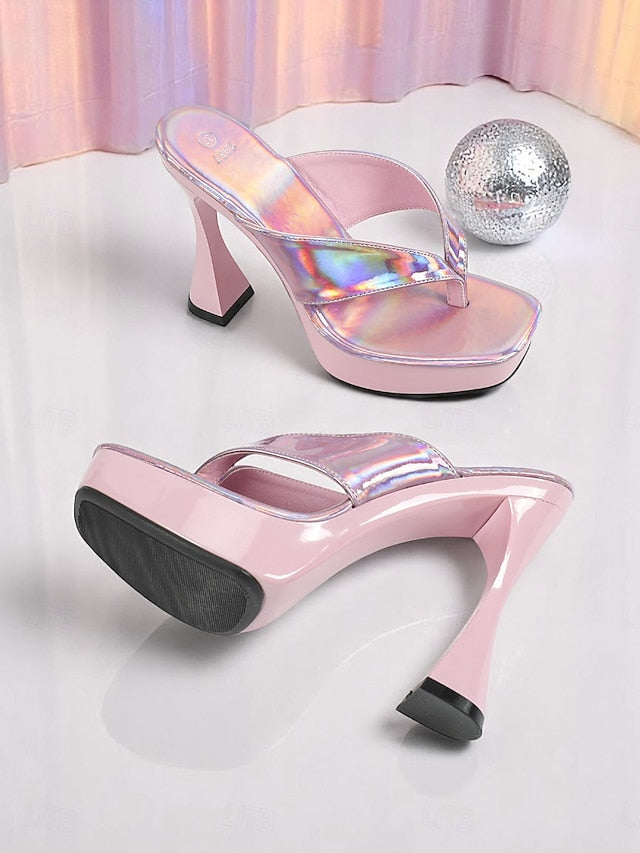 Iridescent Chunky Women's Heels Open-Toe with Pink Block