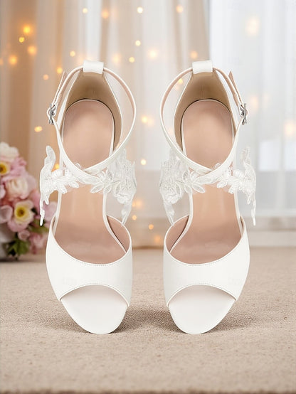 Strap White Lace Heel Ankle Women's Sandals - Block with