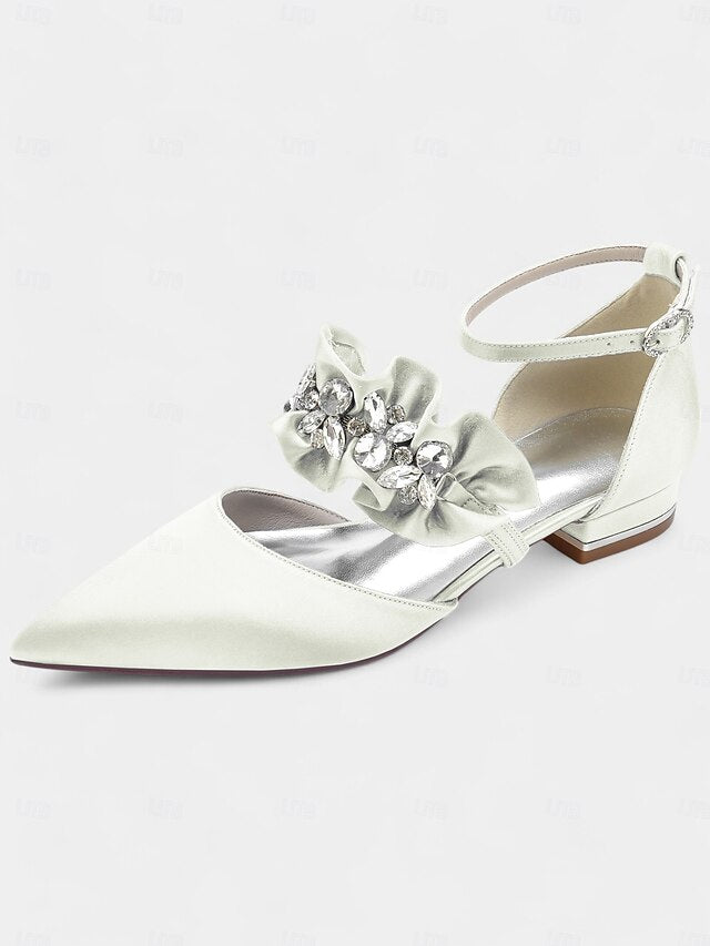 Black Rhinestone Flats Pointed-Toe Satin Women's with