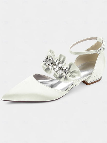 Black Rhinestone Flats Pointed-Toe Satin Women's with