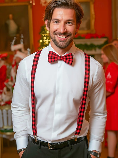 Men's Suspender Adjustable Tie Plaid and Christmas Set Bow