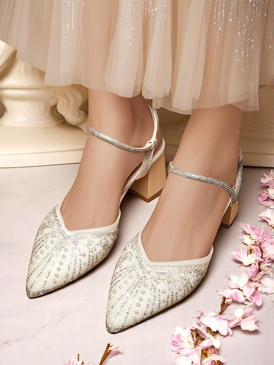 and Pointed Ivory with Toe Pearl Women's Block Heels