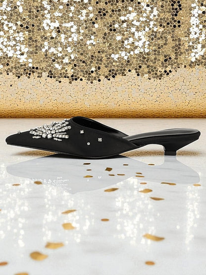 with Women's Mules Rhinestone Toe Pointed Satin Black