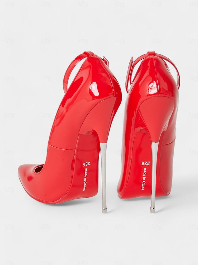Stiletto Patent with Ankle Red Leather Strap Women's Heels