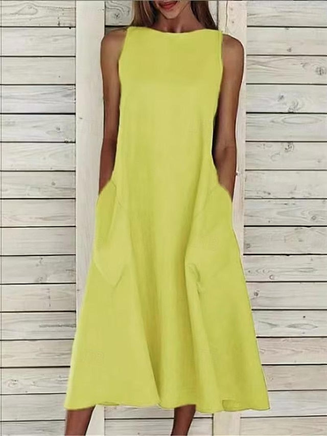 Women's Midi Dress Sleeveless Pockets Casual A-Line