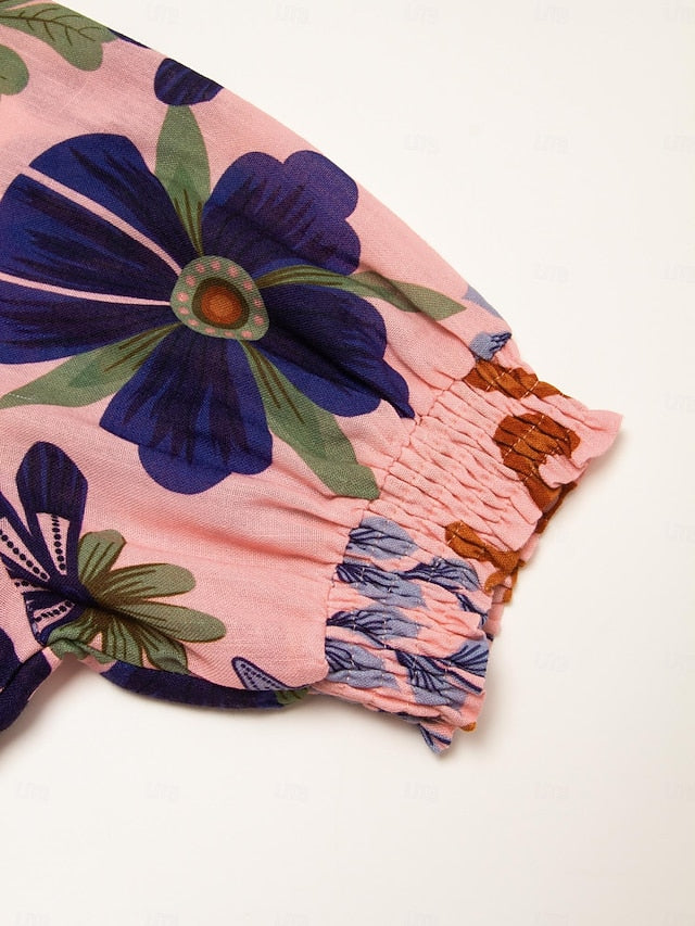 Floral Lace Up Elegant Short Sleeve Midi Dress