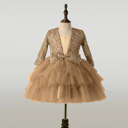 Kids Sleeve Party Dress Long Performance Sequin Girls'