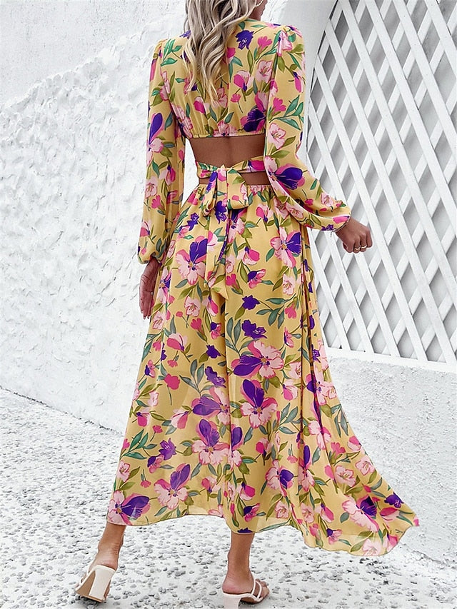 Women's Floral V Neck Maxi Dress Long Sleeve Summer Spring