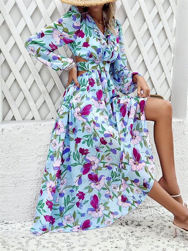 Women's Floral V Neck Maxi Dress Long Sleeve Summer Spring