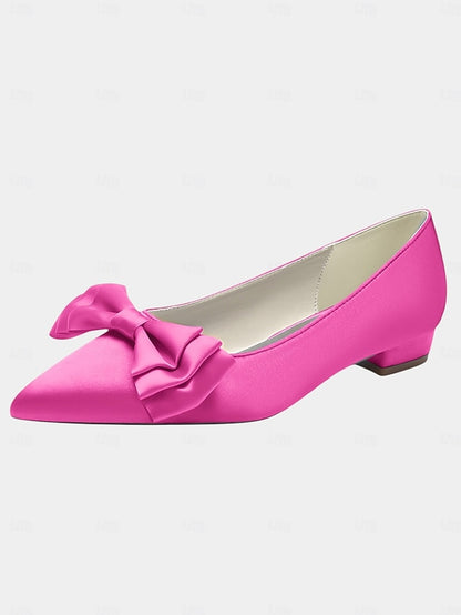 Satin Toe Pointed Green Bow Elegant - Women's Flats