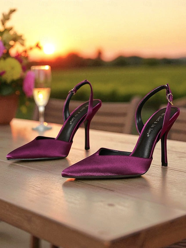 Slingback Toe Heels - Purple Women's Elegant Pointed Satin