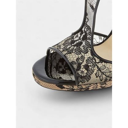 Lace Stiletto with Peep-Toe Mesh Design for Black Heels