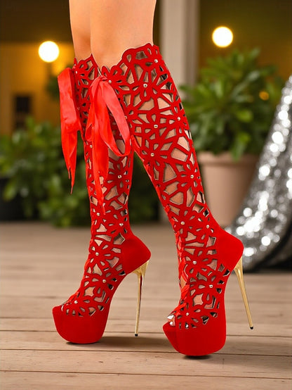 Cutout Stiletto Knee Sexy Platform Peep Women's High Boots