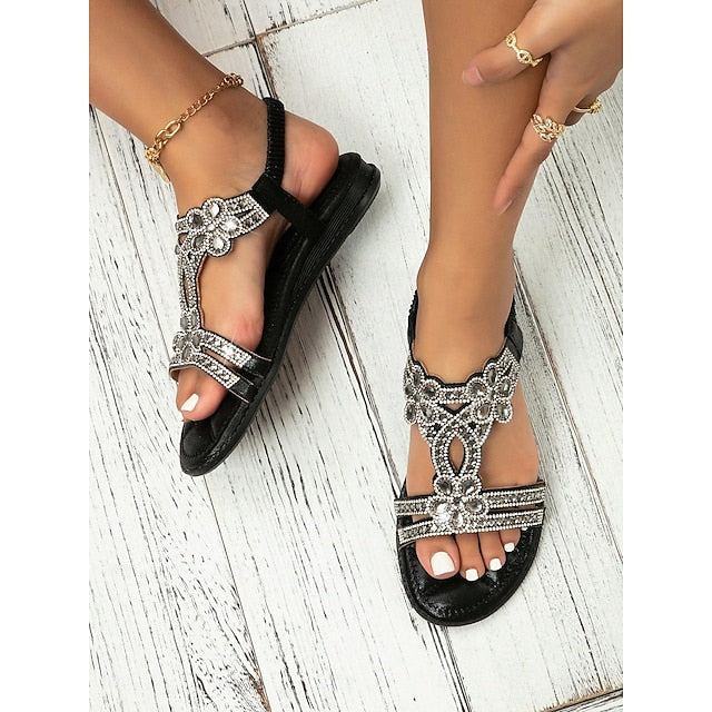 Flat Sandals Silver Women's – T-Strap Rhinestone Boho