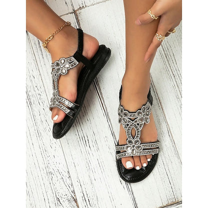 Flat Sandals Silver Women's – T-Strap Rhinestone Boho