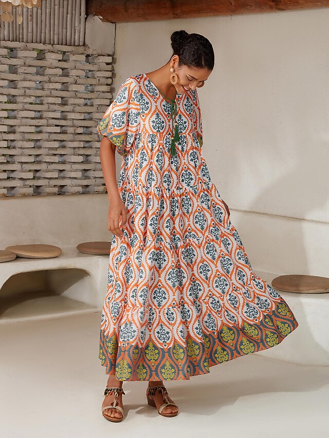 Satin Rainbow Totem Print Swing Maxi Dress