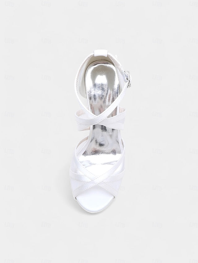 Sandals Bridal High Heel Straps with Satin - Cross Perfect White