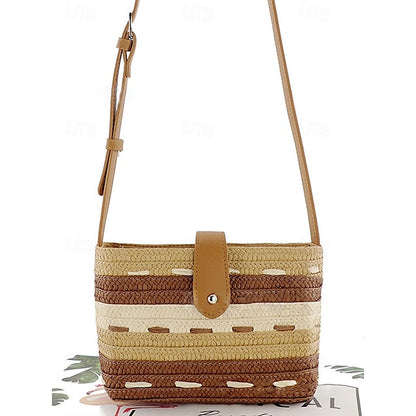 Sac fourre-tout en paille tissée marron à rayures et colorblock pour femme
