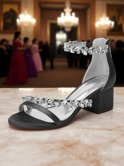 Purple Satin Crystal Sandals - Women's Heel Block