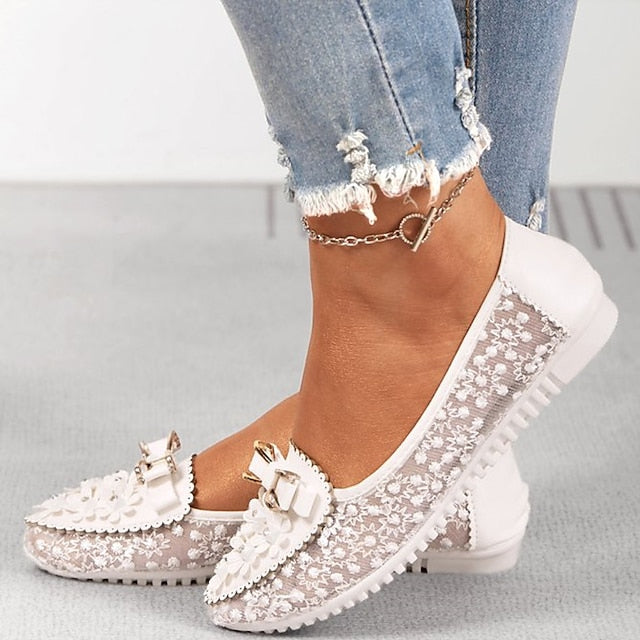 Pink Bow Women's Flats Floral Details Lace with - and