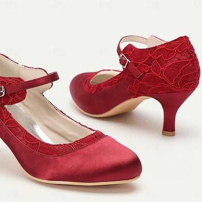 Mid-Heel Women's Comfortable - Lace Satin Heels Red Elegant