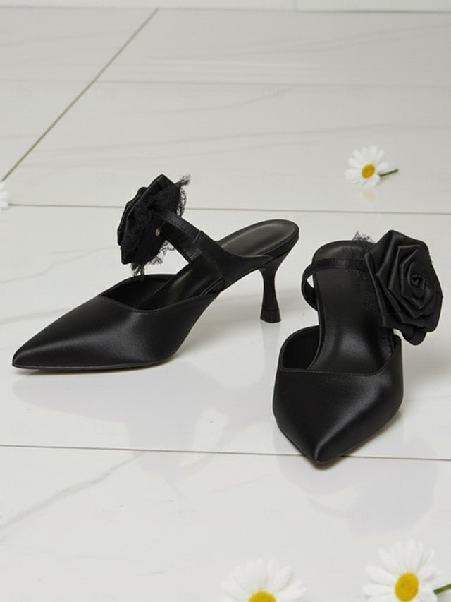 Satin Heels with Green Floral Toe Pointed Ankle Women's