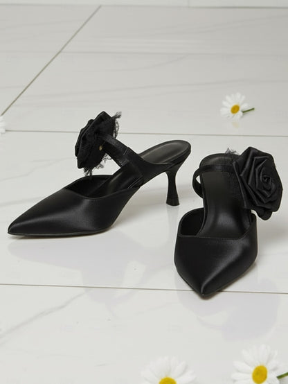 Satin Heels with Green Floral Toe Pointed Ankle Women's