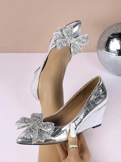 Women's Wedge Heels Glitter Leather with Bow Patent Black